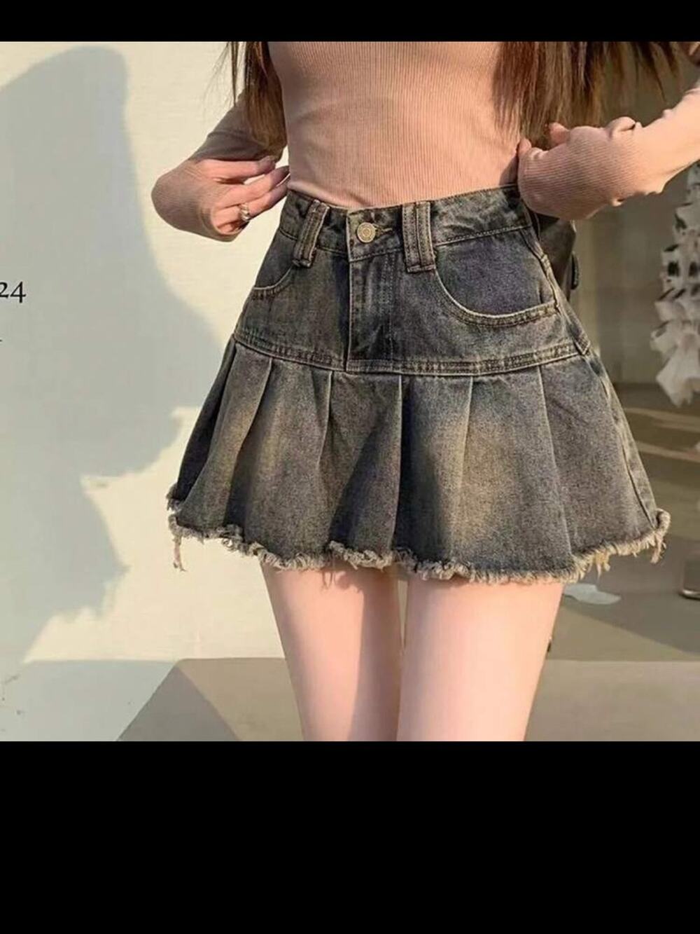 Denim Pleated Mini Skirt - Dark Blue